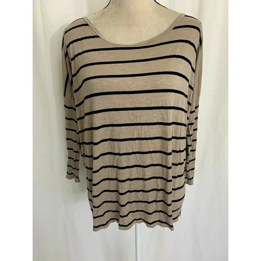 Zara Womens Beige Black Striped Long Sleeve Top T Shirt Small
